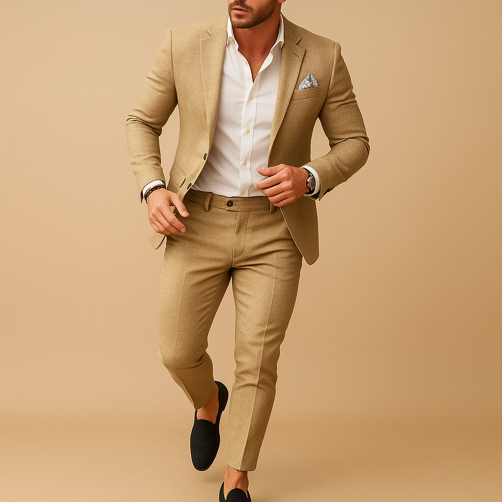 Men’s slim fit suit with tailored blazer and trousers, perfect for weddings, business meetings, and formal occasions in a stylish silhouette