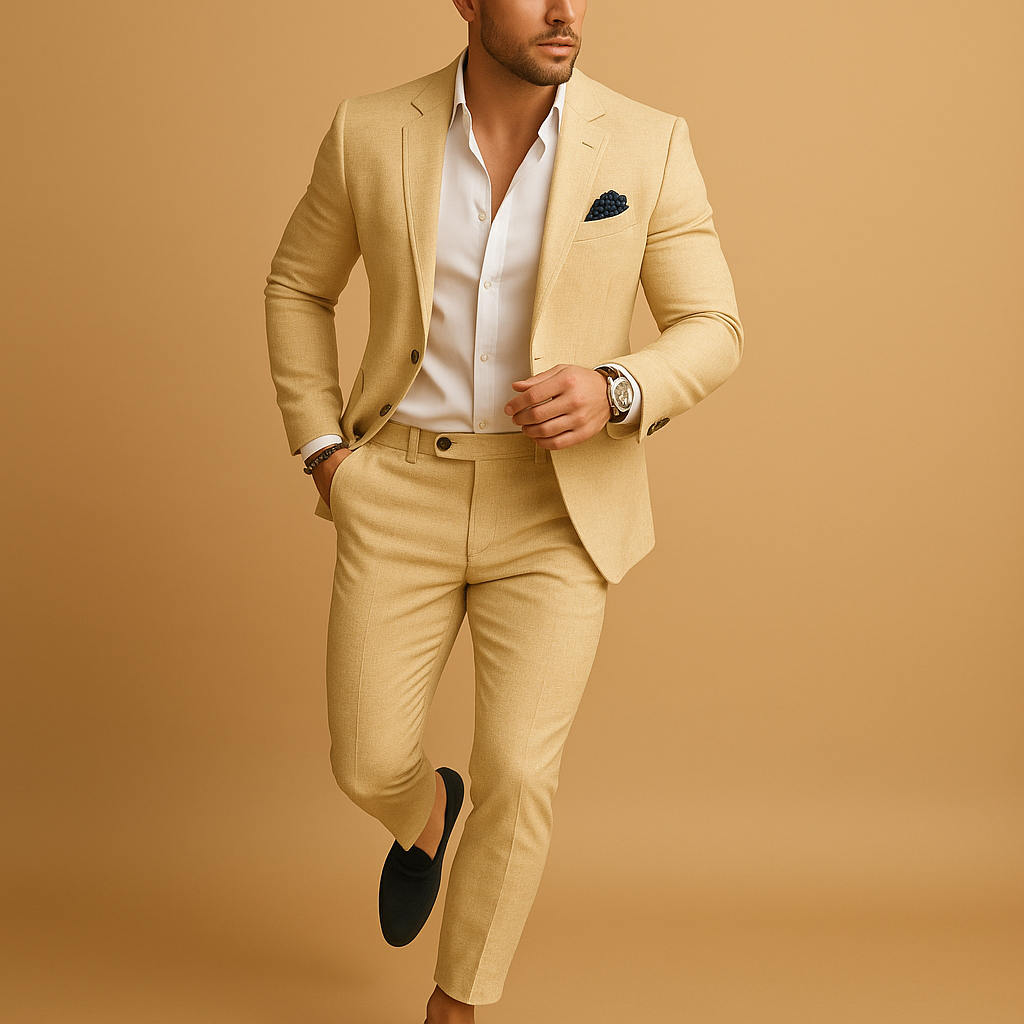 Men’s slim fit suit with tailored blazer and trousers, perfect for weddings, business meetings, and formal occasions in a stylish silhouette