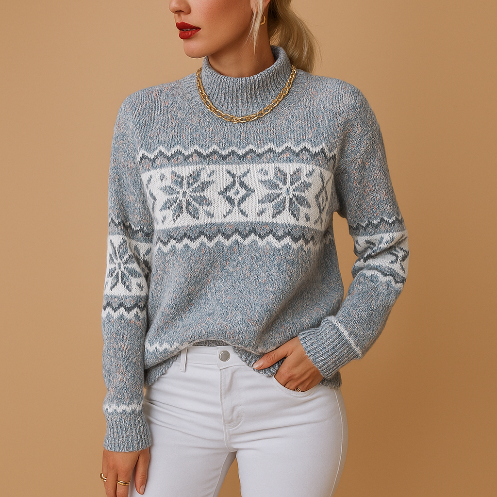 Women’s turtleneck sweater with snowflake pattern and ribbed cuffs, made from soft wool blend—ideal for winter warmth and festive occasions.