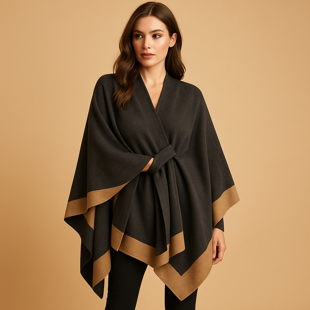 Women’s soft faux cashmere poncho in elegant design, ideal for layering in autumn and winter outfits.