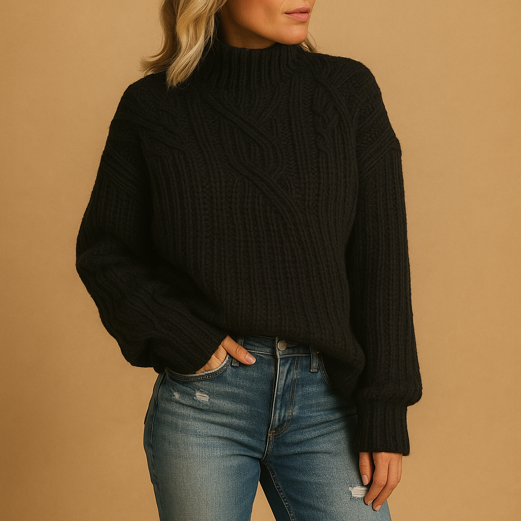 Soft knit pullover sweater for women with high neck and long sleeves, available in green, white, grey, and black—ideal for layering and everyday style.