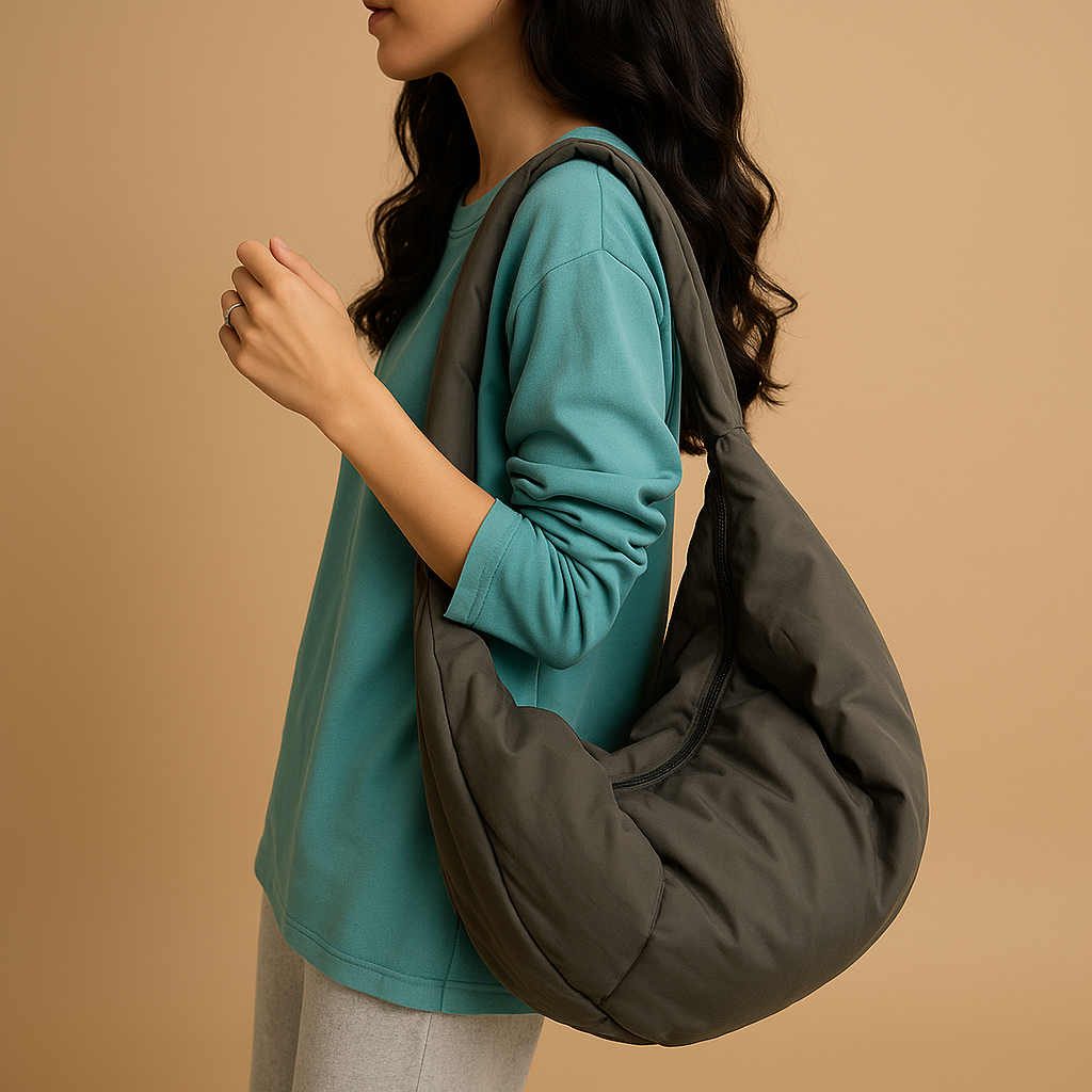Spacious puffer crossbody bag for women with water-resistant finish, thick shoulder strap, and roomy interior—ideal for travel and everyday use.