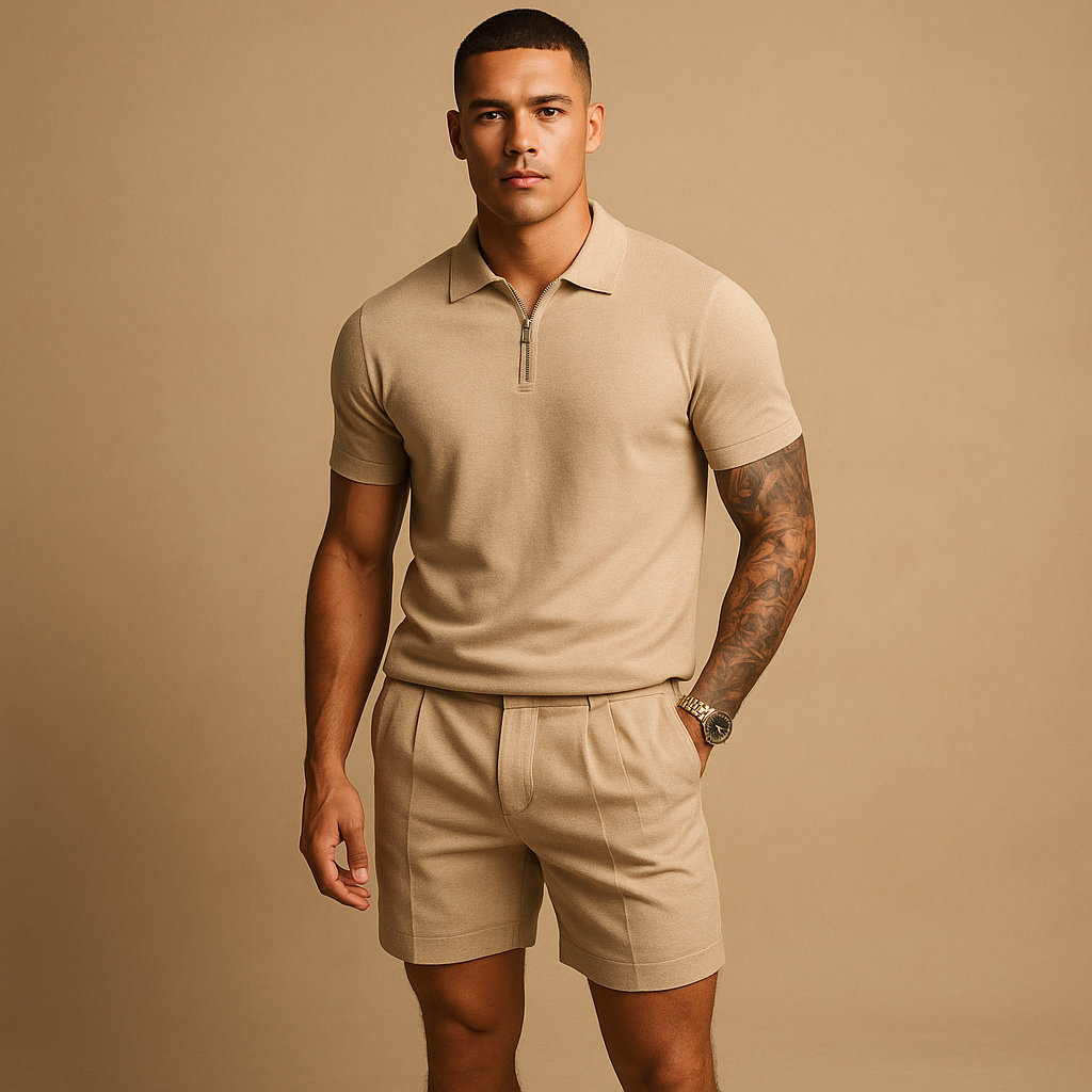Men’s streetwear set with matching shirt and shorts in breathable fabric, ideal for casual city outings or relaxed days at home