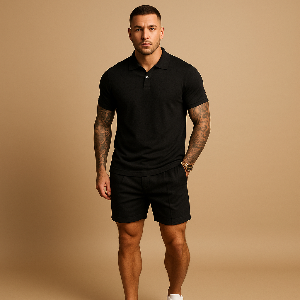 Men’s streetwear set with matching shirt and shorts in breathable fabric, ideal for casual city outings or relaxed days at home