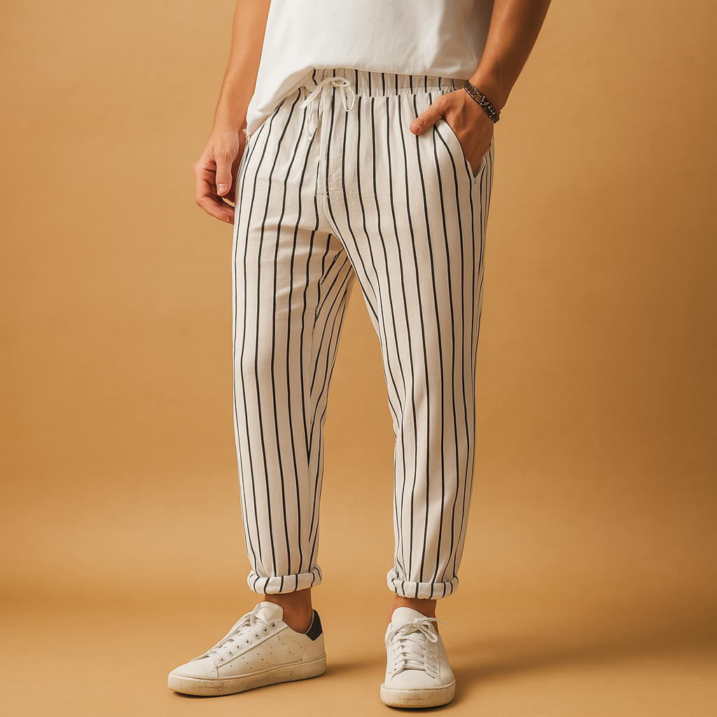 Men’s striped casual pants with adjustable waist and vertical stripe design, perfect for casual wear, vacations, and leisure time.