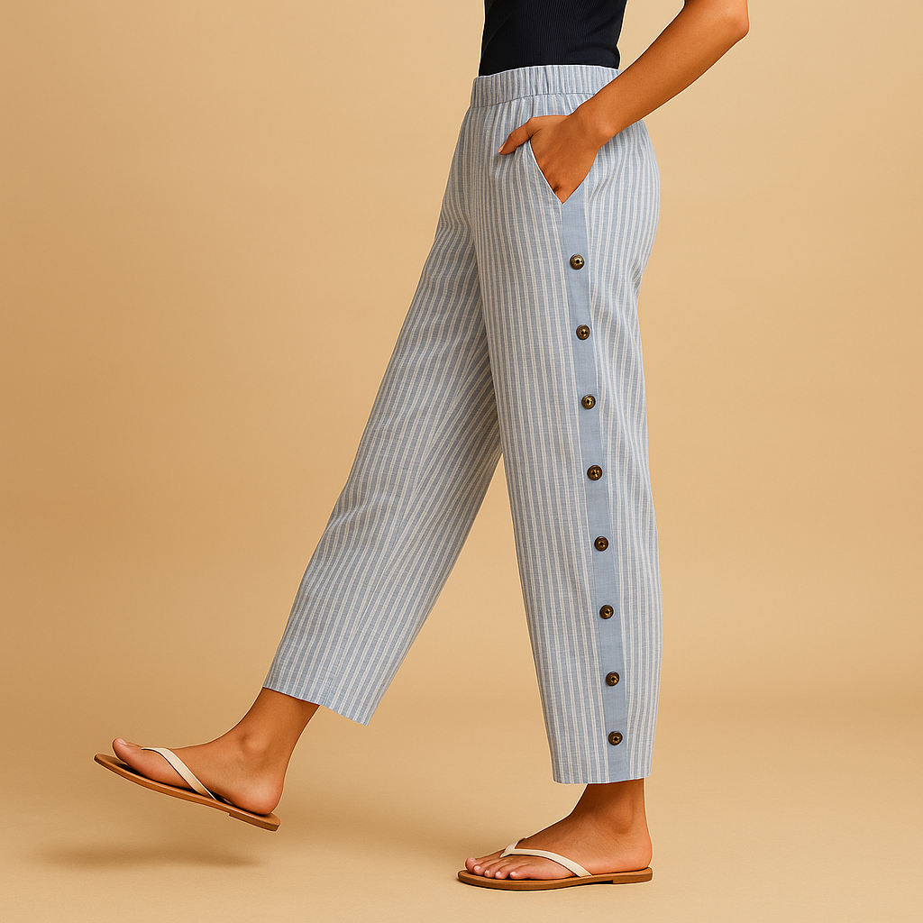 Chic striped high waist pants for women in white and blue, flattering and comfortable for office or casual wear.