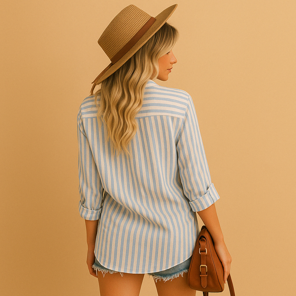 Striped long-sleeve blouse for women in classic colors, ideal for work, everyday wear, and year-round outfits.