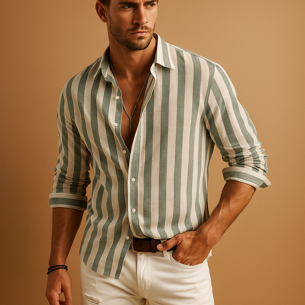 Men’s striped slim fit dress shirt with blue-white pattern and durable colourfast fabric, perfect for work, formal events, or daily wear.
