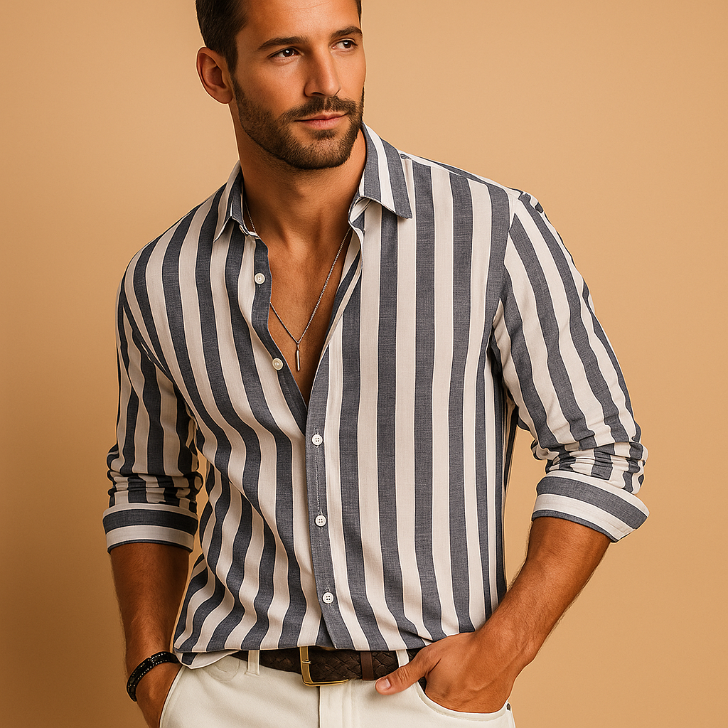 Men’s striped slim fit dress shirt with blue-white pattern and durable colourfast fabric, perfect for work, formal events, or daily wear.