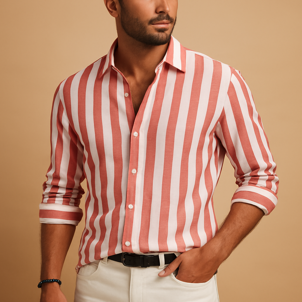 Men’s striped slim fit dress shirt with blue-white pattern and durable colourfast fabric, perfect for work, formal events, or daily wear.