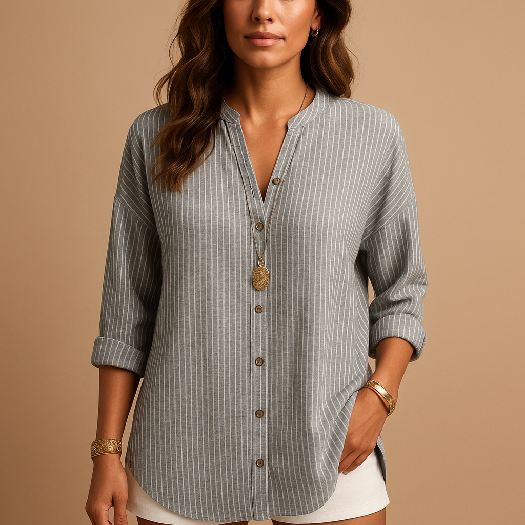 Striped v-neck blouse with long sleeves for women, perfect for work, casual, or formal occasions with a breathable and comfortable fit.