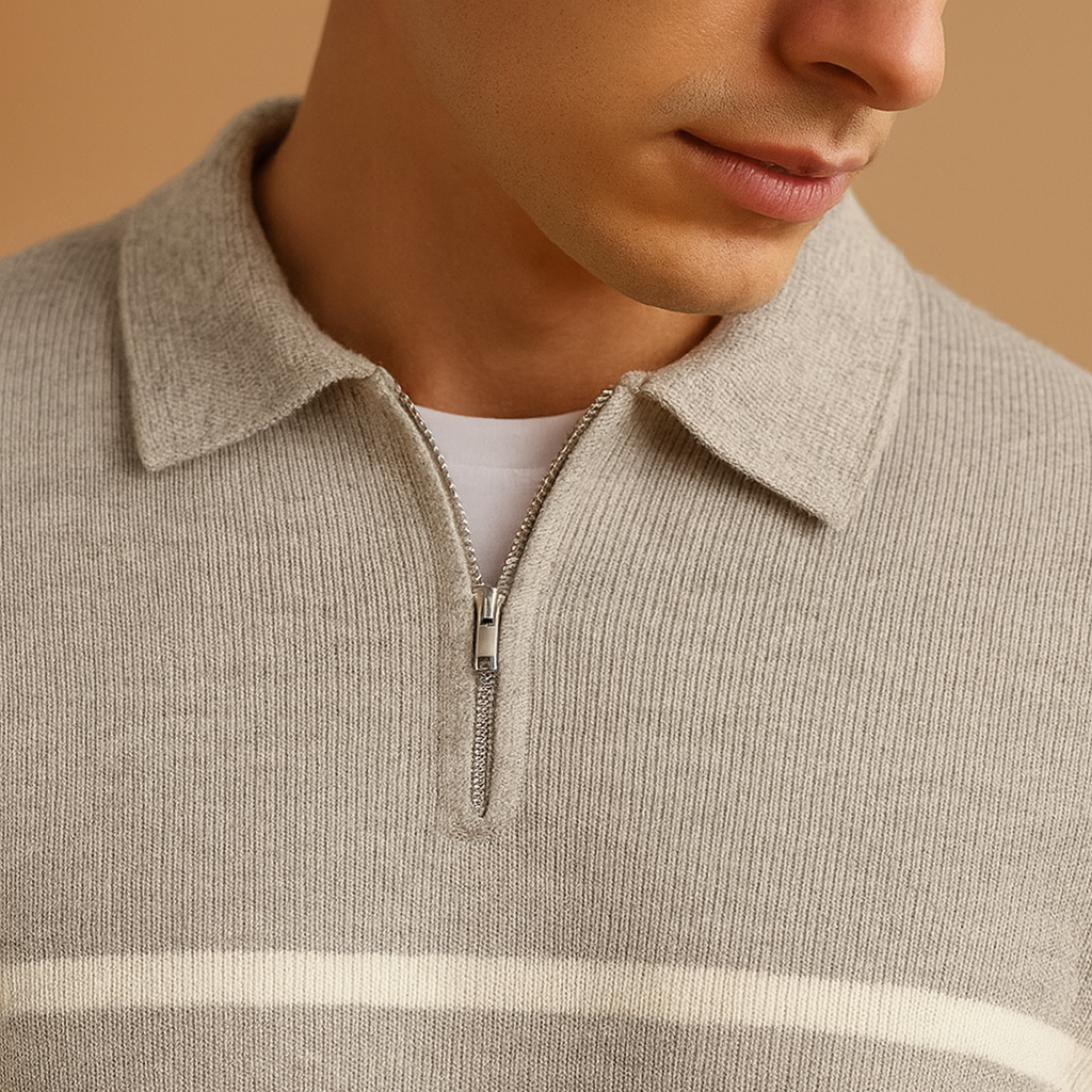 Men’s striped zip sweater in grey with half-zip closure, soft lightweight fabric, and modern sporty design. Perfect for autumn and winter casual wear.