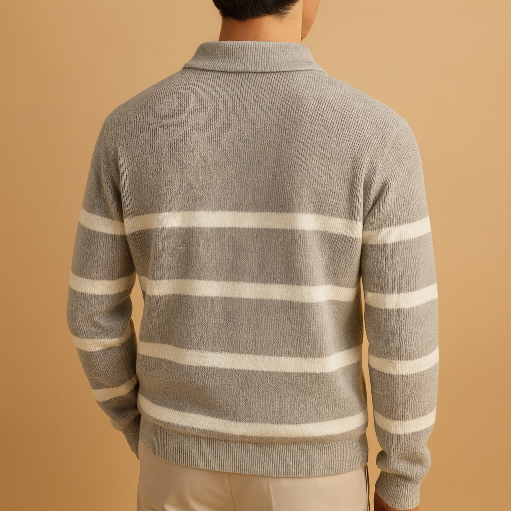 Men’s striped zip sweater in grey with half-zip closure, soft lightweight fabric, and modern sporty design. Perfect for autumn and winter casual wear.