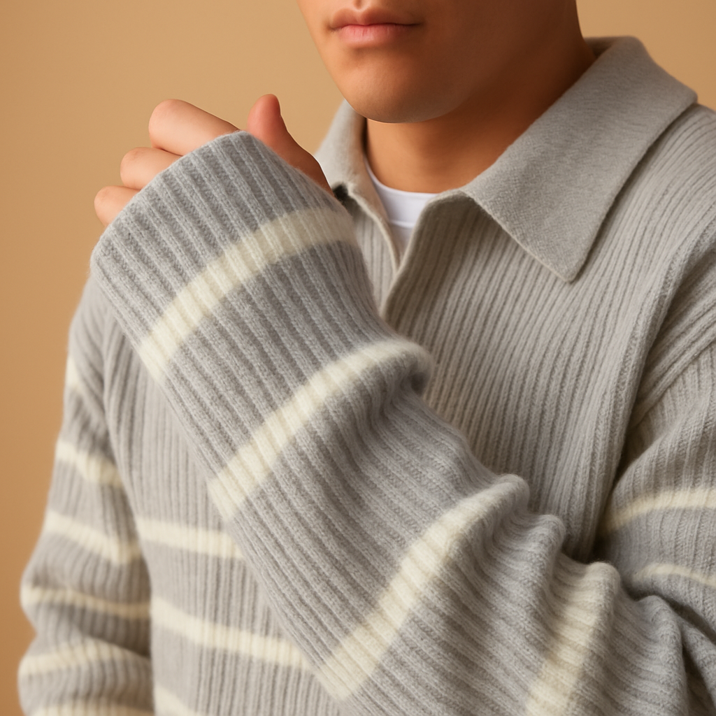 Men’s striped zip sweater in grey with half-zip closure, soft lightweight fabric, and modern sporty design. Perfect for autumn and winter casual wear.