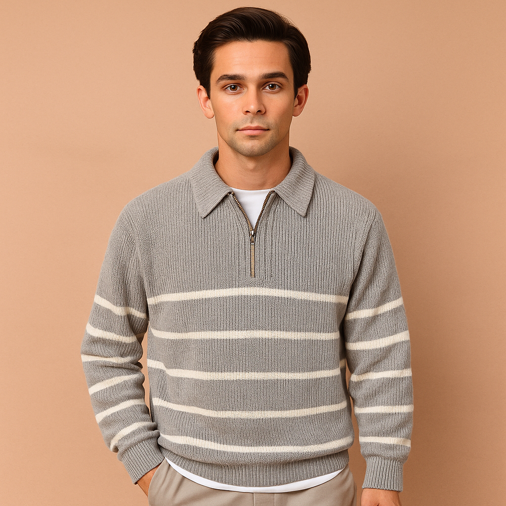 Men’s striped zip sweater in grey with half-zip closure, soft lightweight fabric, and modern sporty design. Perfect for autumn and winter casual wear.