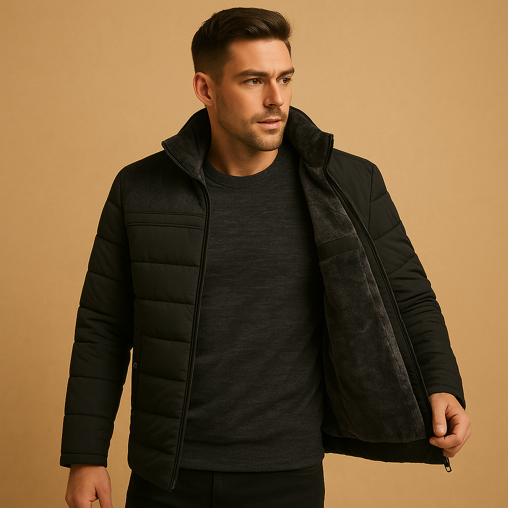 Men’s stylish fleece jacket with soft inner lining, stand-up collar, sturdy zipper, and zip pockets, available in black and blue for versatile wear.