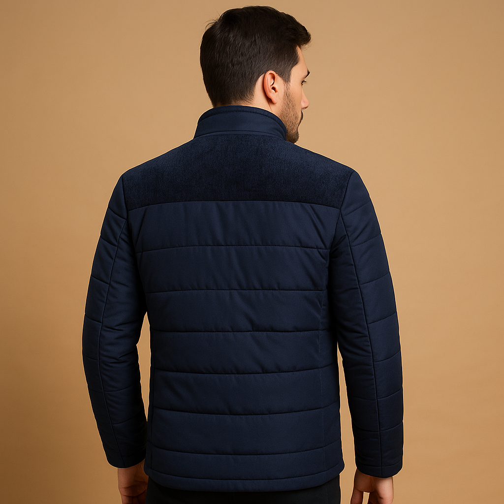 Men’s stylish fleece jacket with soft inner lining, stand-up collar, sturdy zipper, and zip pockets, available in black and blue for versatile wear.