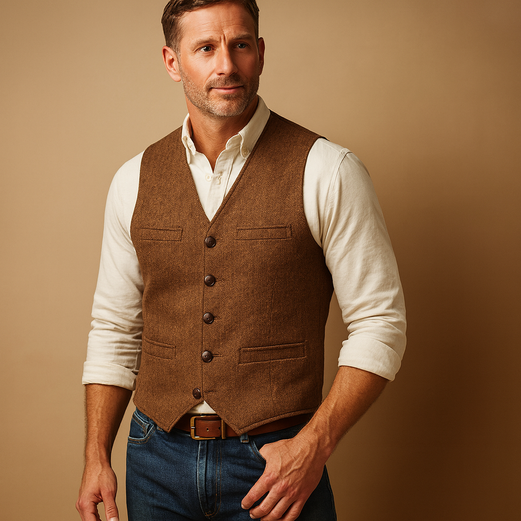 Elegant men’s waistcoat with button closure and pockets, versatile for formal events, casual wear, and layered autumn or winter outfits.
