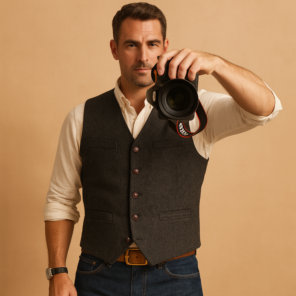 Elegant men’s waistcoat with button closure and pockets, versatile for formal events, casual wear, and layered autumn or winter outfits.