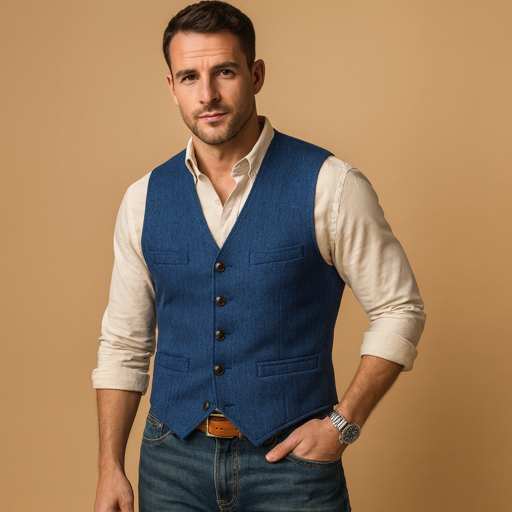 Elegant men’s waistcoat with button closure and pockets, versatile for formal events, casual wear, and layered autumn or winter outfits.