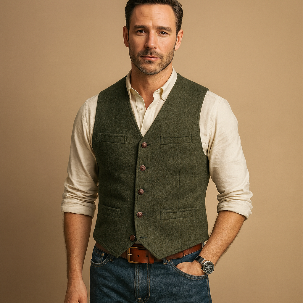 Elegant men’s waistcoat with button closure and pockets, versatile for formal events, casual wear, and layered autumn or winter outfits.