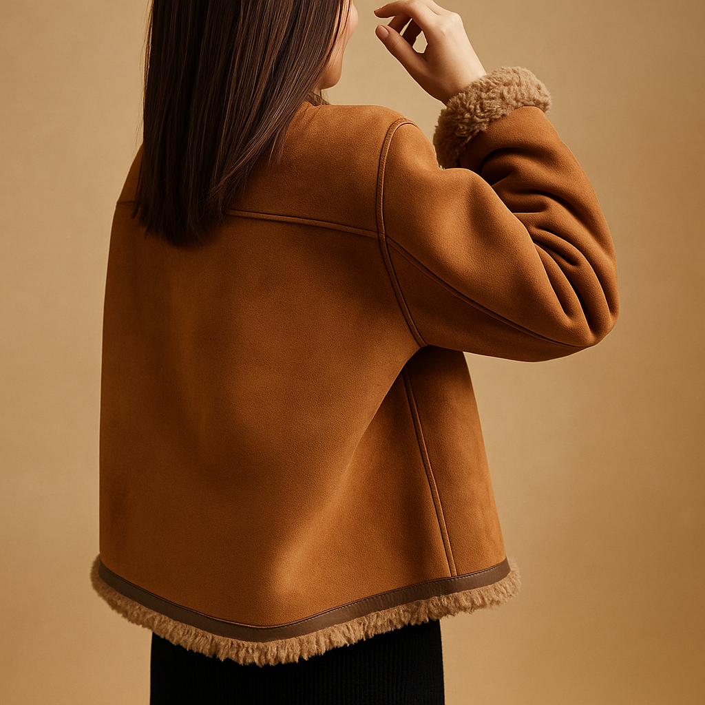 Women's suede jacket with soft reversed fleece lining, offering warmth and luxury for everyday autumn and winter style.