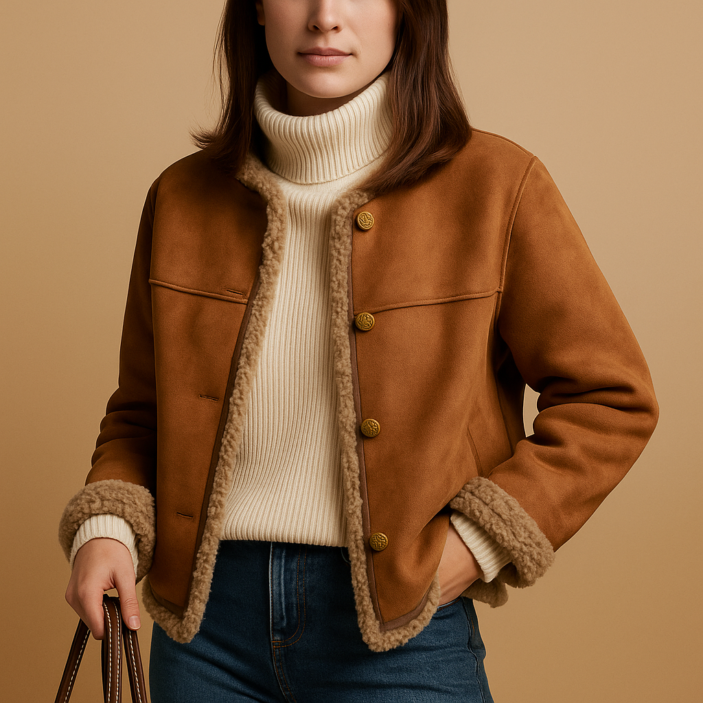 Women's suede jacket with soft reversed fleece lining, offering warmth and luxury for everyday autumn and winter style.