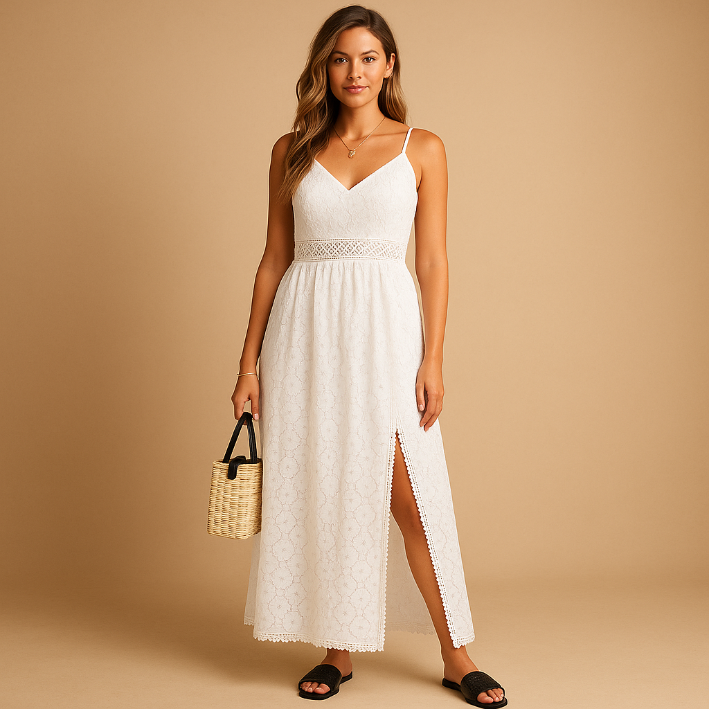 Breathable summer cotton midi dress for women with waist-accentuating fit in solid color – perfect for beach days, city strolls, and casual summer moments.