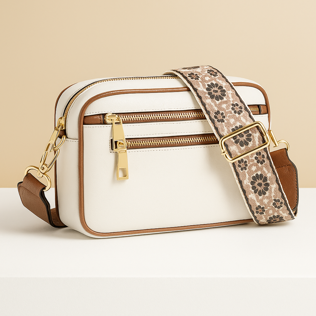 Sustainable crossbody bag for women with compact design, zippered compartments, and adjustable decorative strap for daily eco-conscious style.