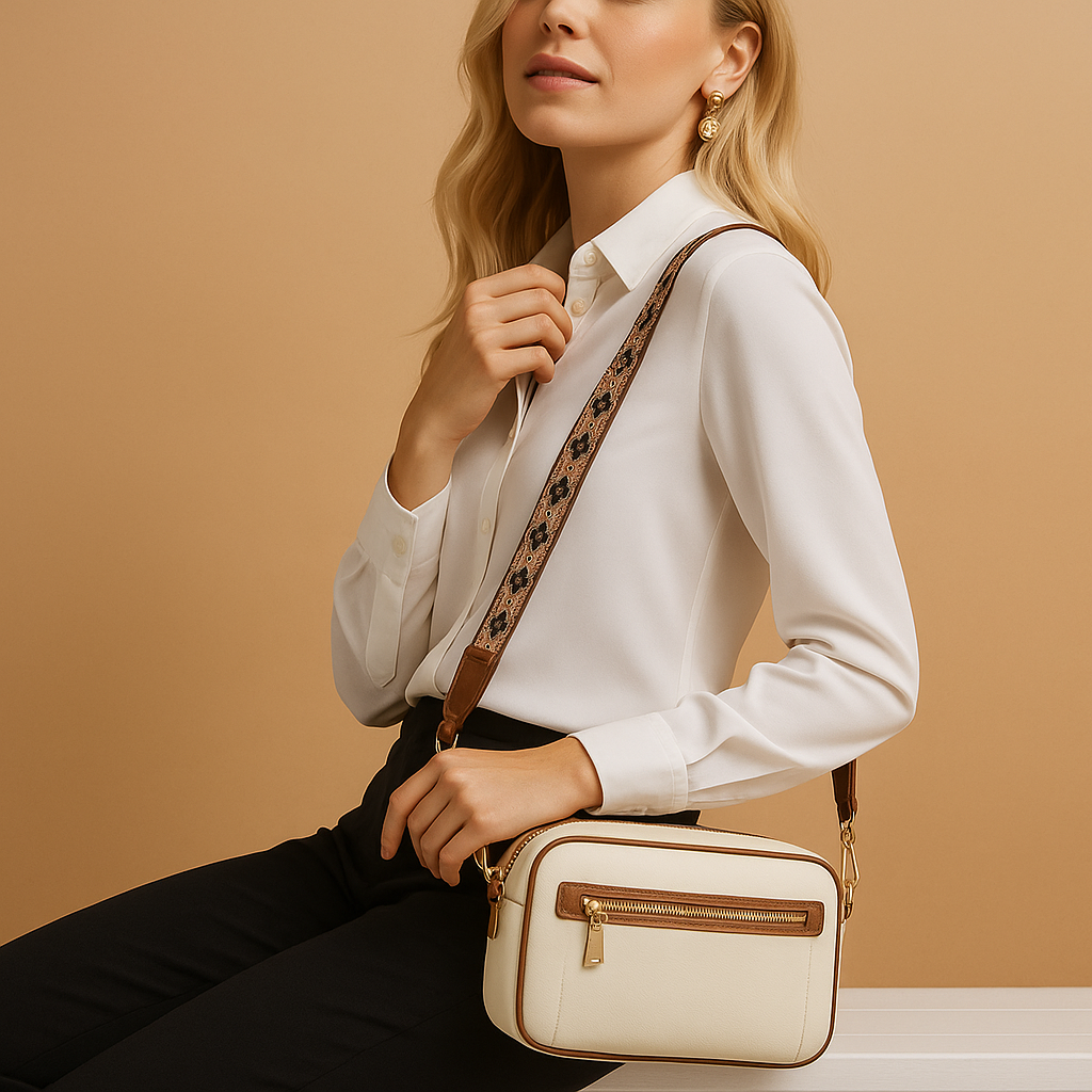 Sustainable crossbody bag for women with compact design, zippered compartments, and adjustable decorative strap for daily eco-conscious style.