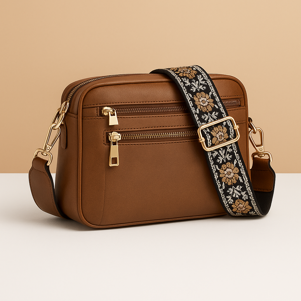 Sustainable crossbody bag for women with compact design, zippered compartments, and adjustable decorative strap for daily eco-conscious style.