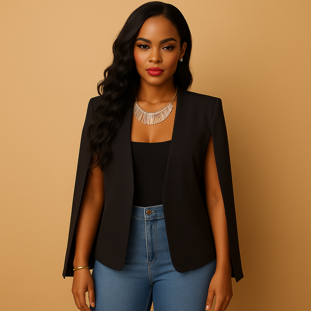 Women's tailored blazer with structured shoulders and classic cut, ideal for formal events or elegant office wear.