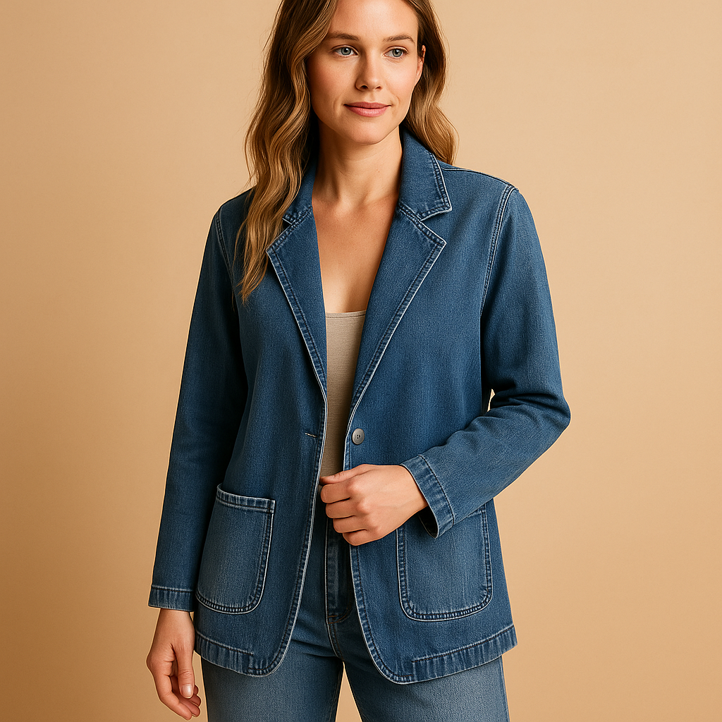 Women’s denim blazer with tailored fit and lapel collar in blue, ideal for work, casual outings, or stylish everyday wear.