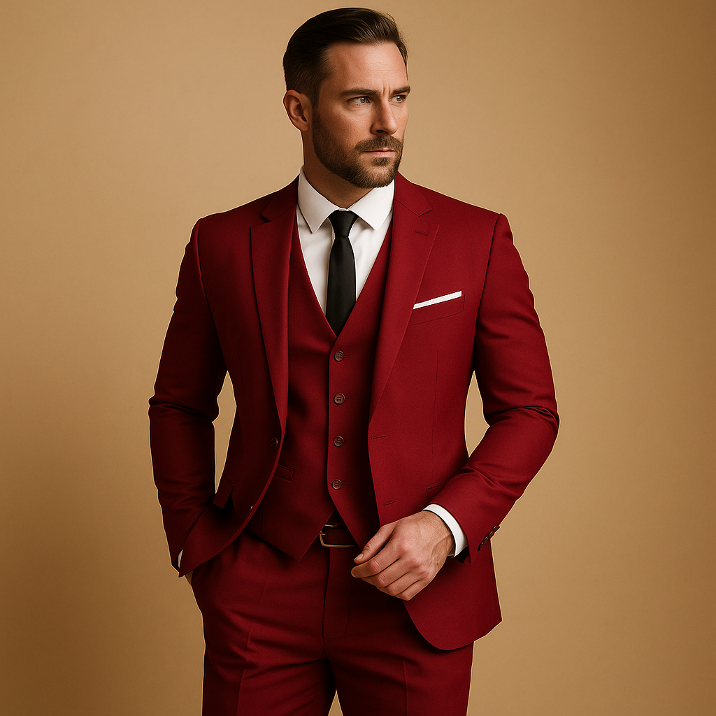 Men’s three-piece slim fit suit with blazer, vest, and trousers, ideal for weddings, business occasions, and formal events