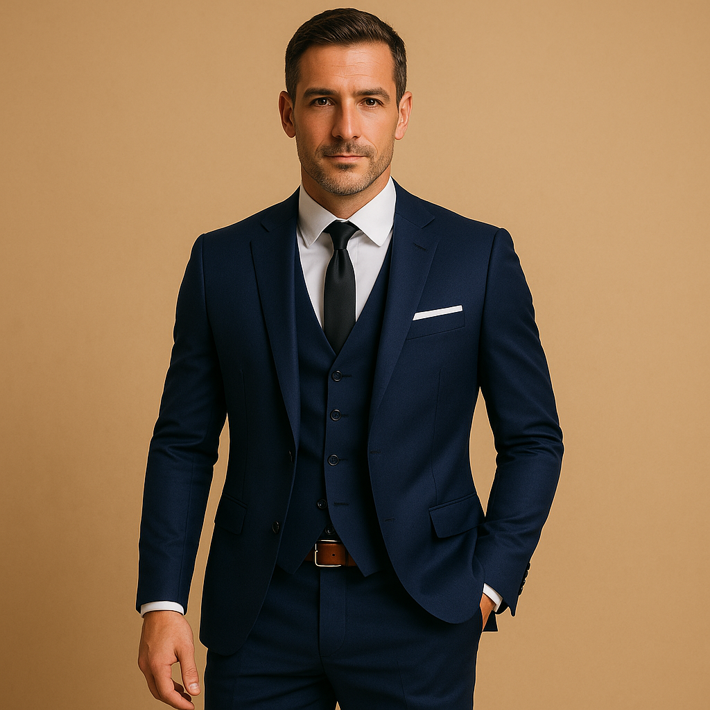 Men’s three-piece slim fit suit with blazer, vest, and trousers, ideal for weddings, business occasions, and formal events