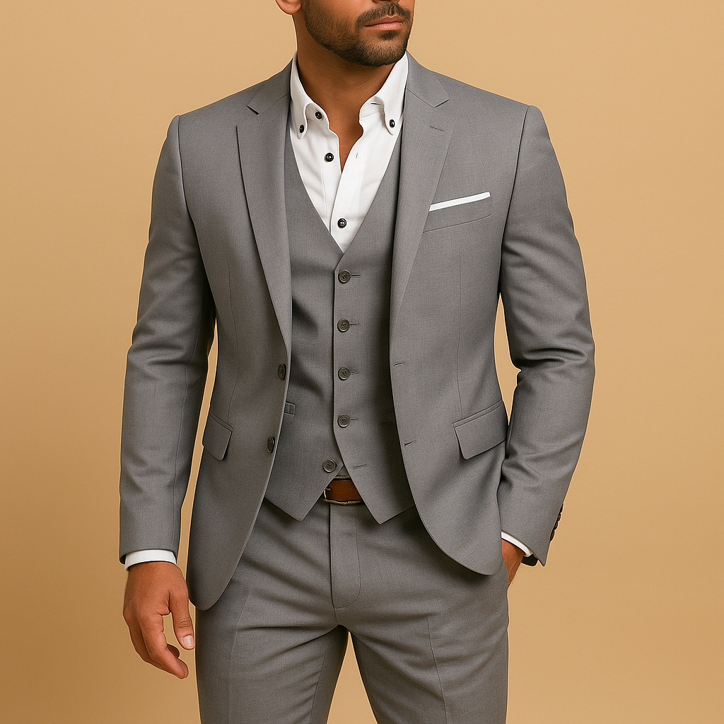 Men’s three-piece slim fit suit with blazer, vest, and trousers, ideal for weddings, business occasions, and formal events