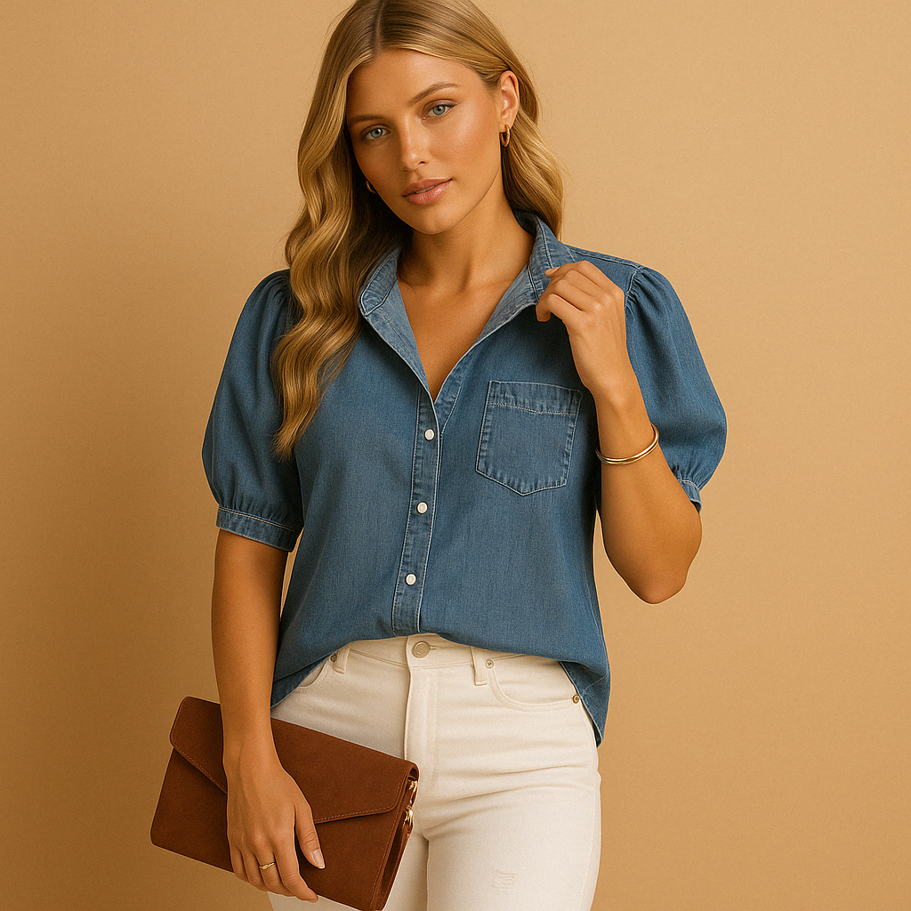 Timeless denim blouse for women in classic blue, with long sleeves and button closure, ideal for autumn and layered outfits.