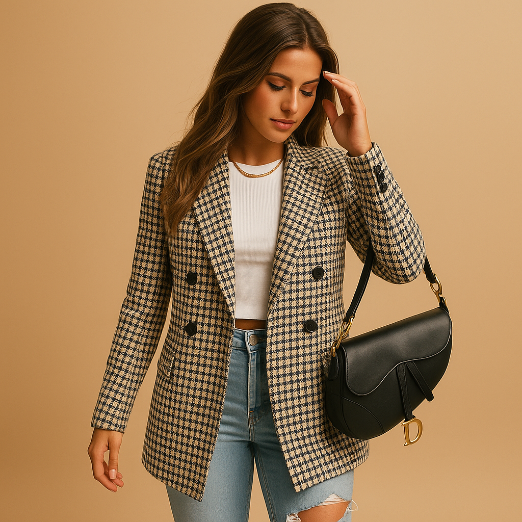 Women’s timeless tailored blazer with classic fit and natural fiber blend, ideal for work, formal meetings, or refined everyday wear.