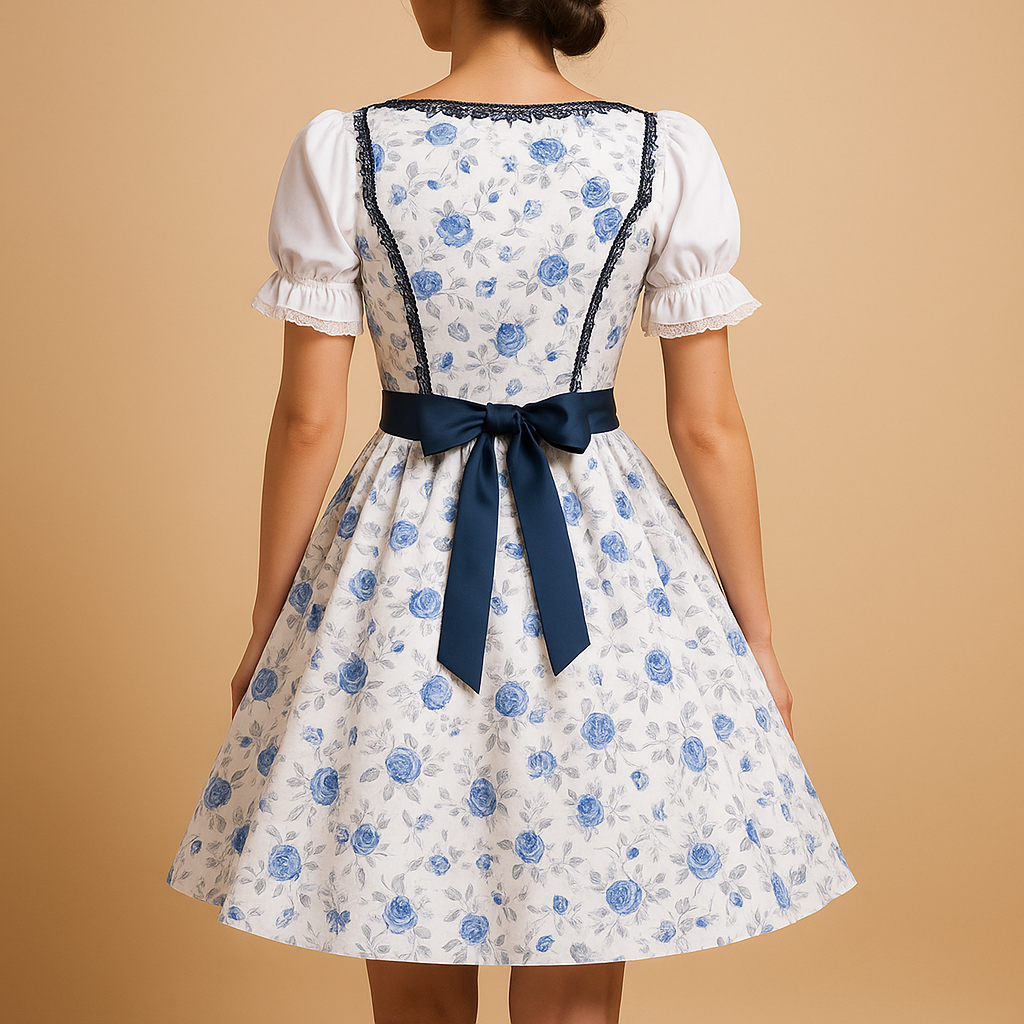 Traditional dirndl dress for women with lace apron, perfect for Oktoberfest, cultural events, and festive celebrations.