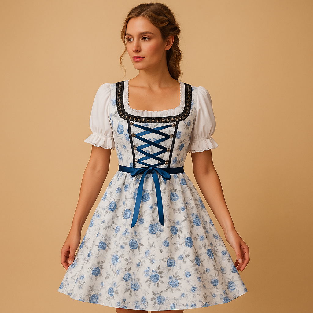 Traditional dirndl dress for women with lace apron, perfect for Oktoberfest, cultural events, and festive celebrations.