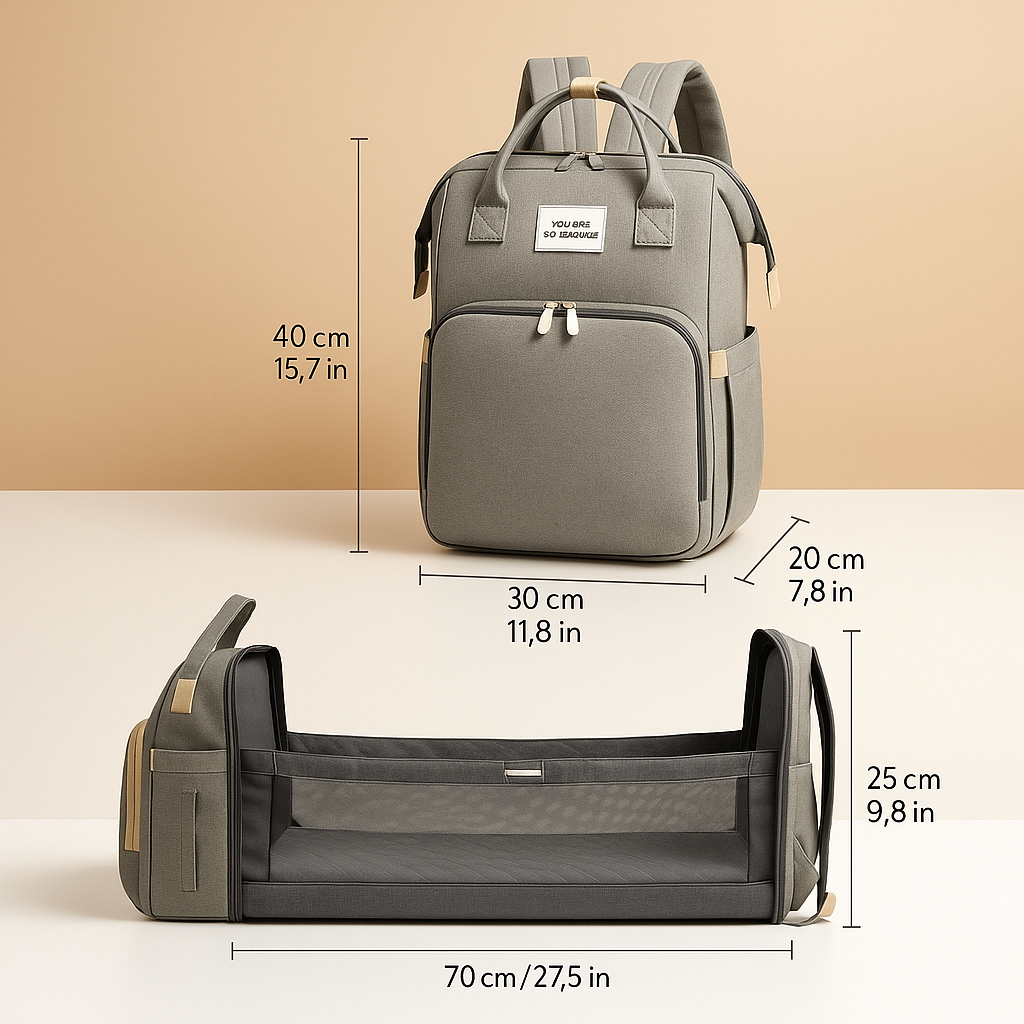 Travel diaper backpack for women featuring a portable crib, changing station, insulated baby bottle compartment, and dedicated storage pockets for easy organization.
