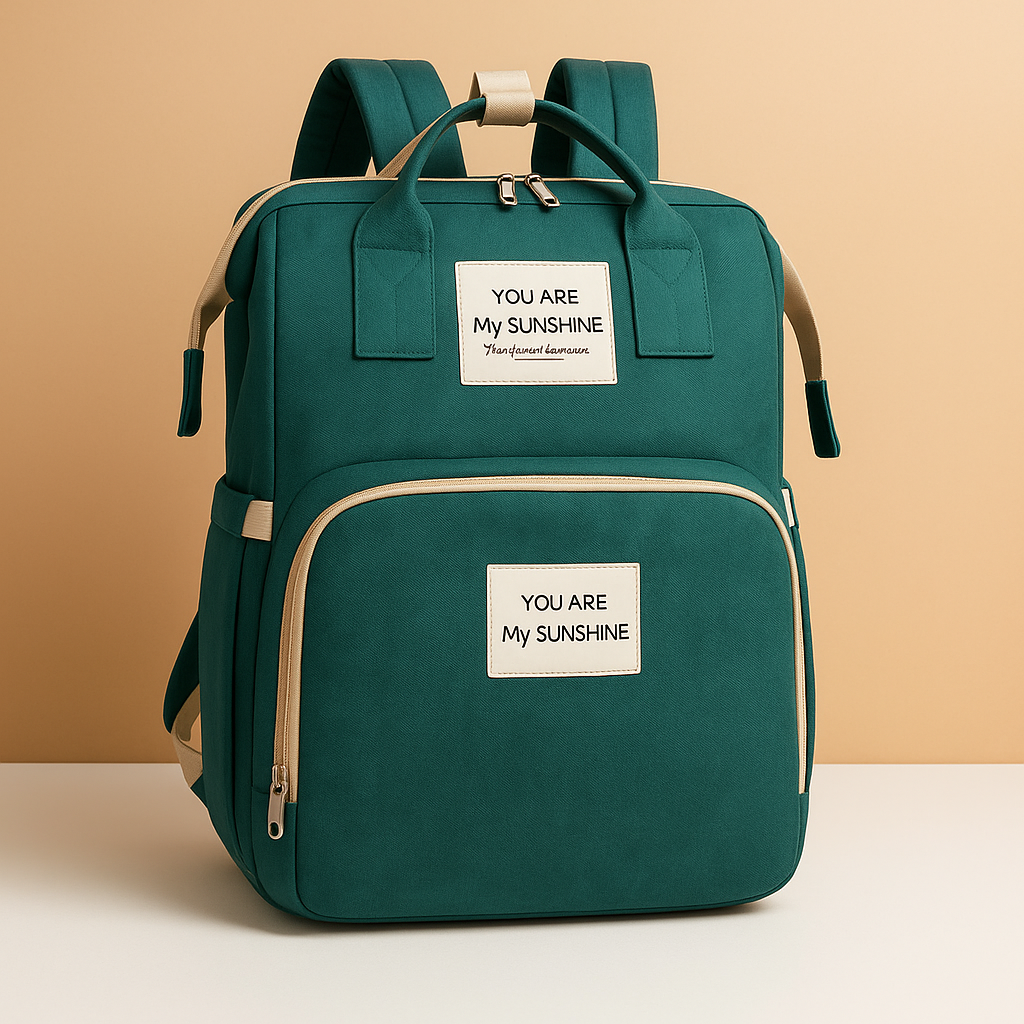 Travel diaper backpack for women featuring a portable crib, changing station, insulated baby bottle compartment, and dedicated storage pockets for easy organization.