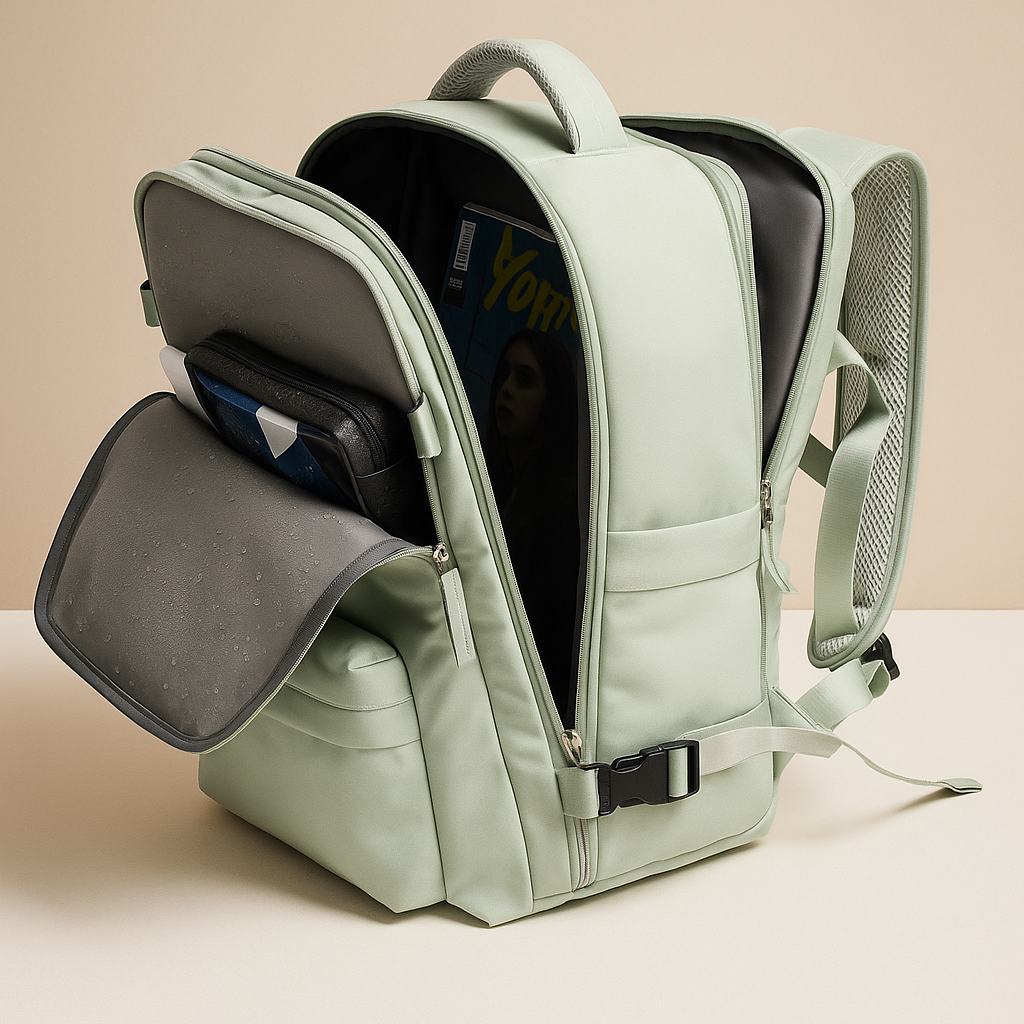 TSA-approved travel backpack for women with anti-theft pockets, wet compartment, and padded straps for comfortable and organised travel.
