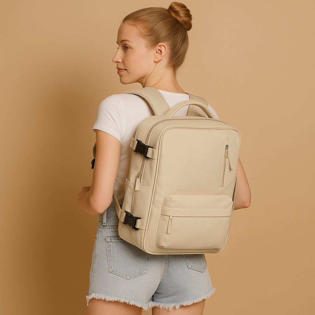 TSA-approved travel backpack for women with anti-theft pockets, wet compartment, and padded straps for comfortable and organised travel.