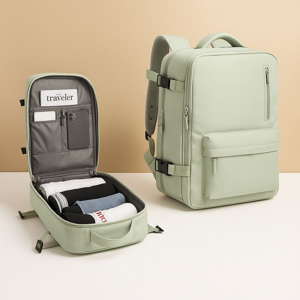TSA-approved travel backpack for women with anti-theft pockets, wet compartment, and padded straps for comfortable and organised travel.