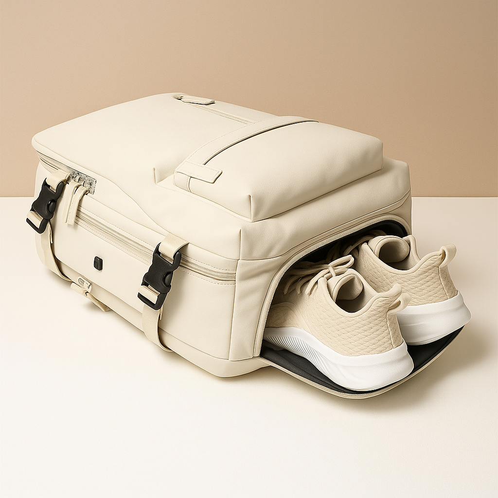 TSA-approved travel backpack for women with anti-theft pockets, wet compartment, and padded straps for comfortable and organised travel.