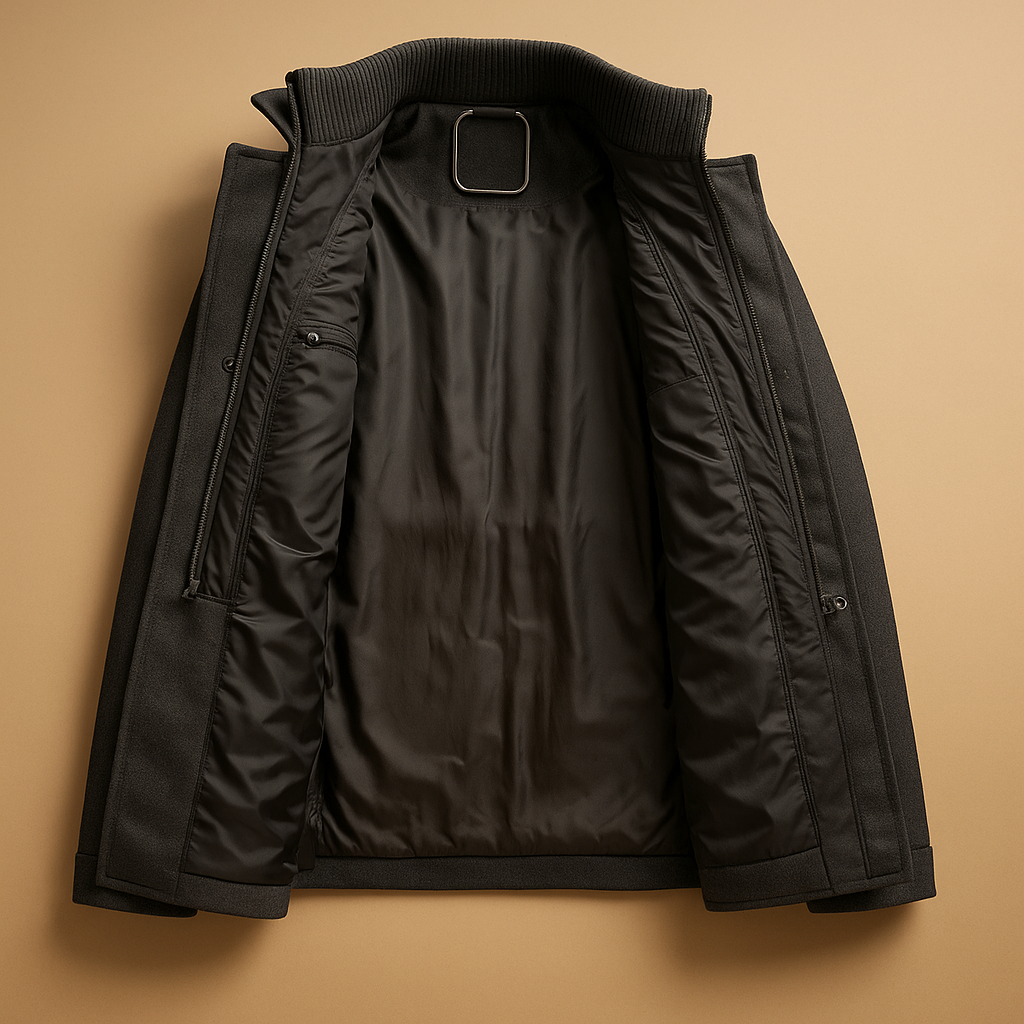 Men’s slim-fit tweed-style winter coat with sleek closure and practical pockets, ideal for formal and casual occasions