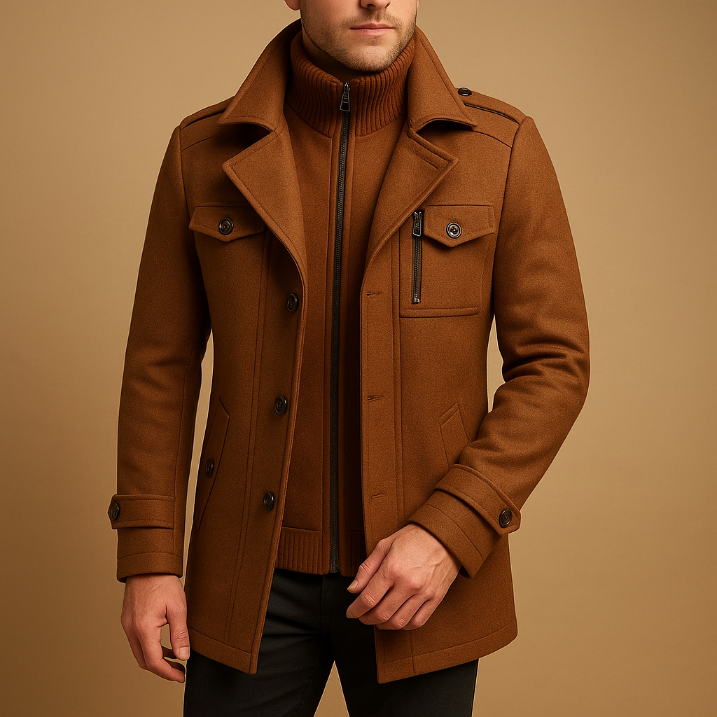 Men’s slim-fit tweed-style winter coat with sleek closure and practical pockets, ideal for formal and casual occasions