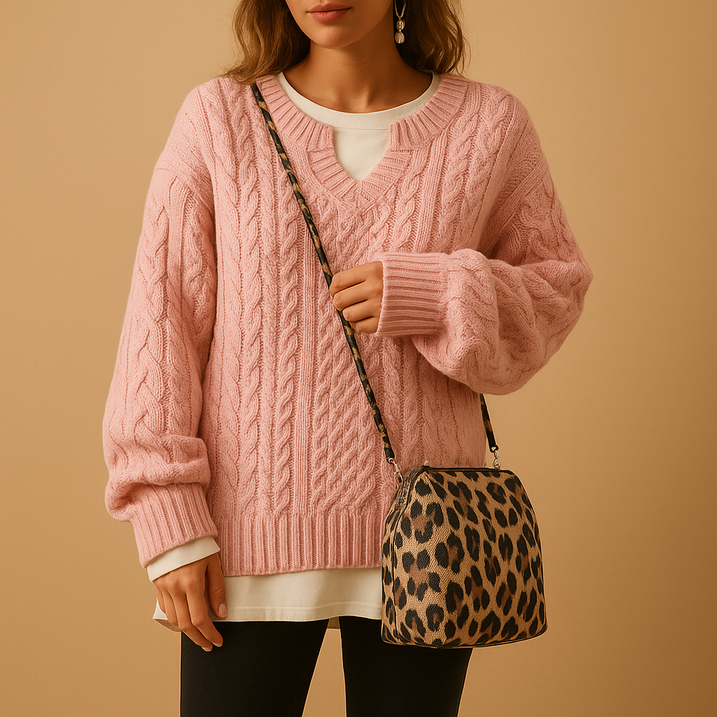 Women’s V-neck sweater made of premium cotton, relaxed fit and long sleeves, perfect for layering and all-season wear.