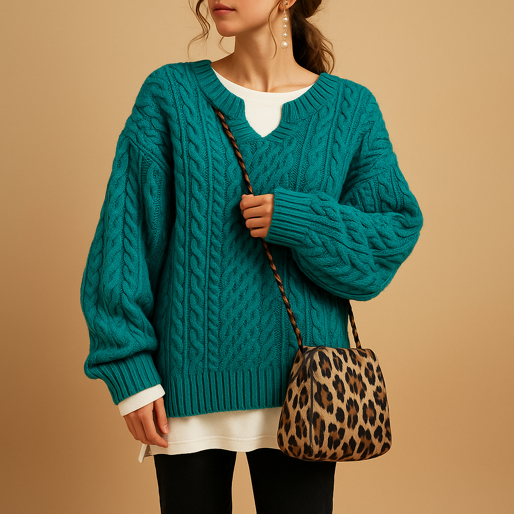 Women’s V-neck sweater made of premium cotton, relaxed fit and long sleeves, perfect for layering and all-season wear.